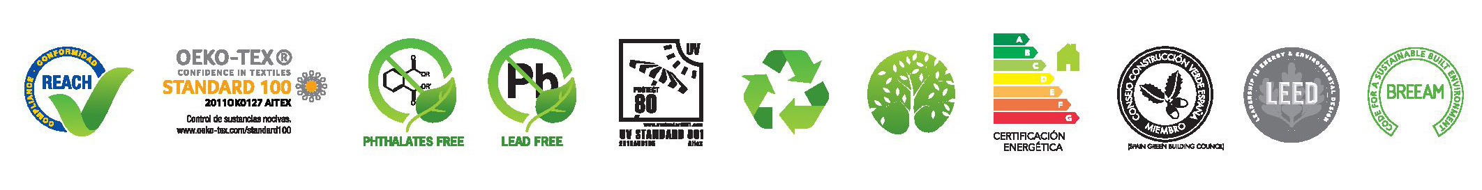 Certification badges: Oeko-Tex, etc.